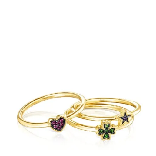 Pack de Anillos con baño de oro 18 kt sobre plata y gemas Teddy Bear Stars^TOUS Online