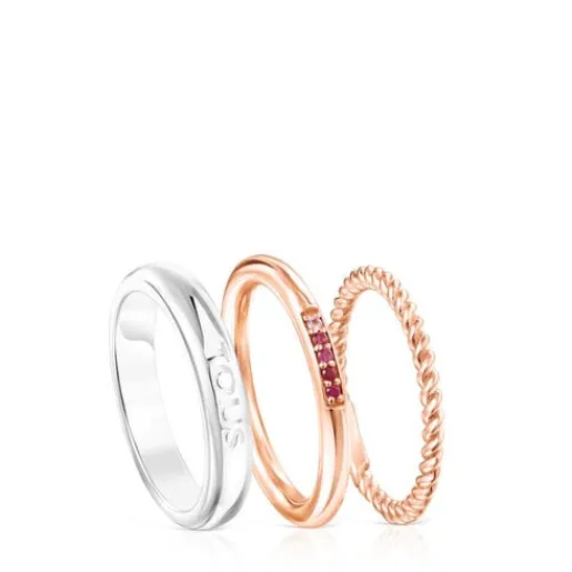 Pack de Anillos de plata, con baño de oro rosa 18 kt sobre plata, zafiro y rubí Ring Mix^TOUS Discount