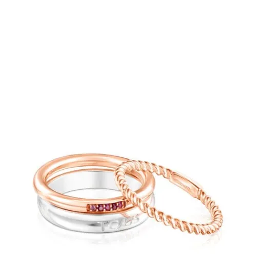 Pack de Anillos de plata, con baño de oro rosa 18 kt sobre plata, zafiro y rubí Ring Mix^TOUS Discount