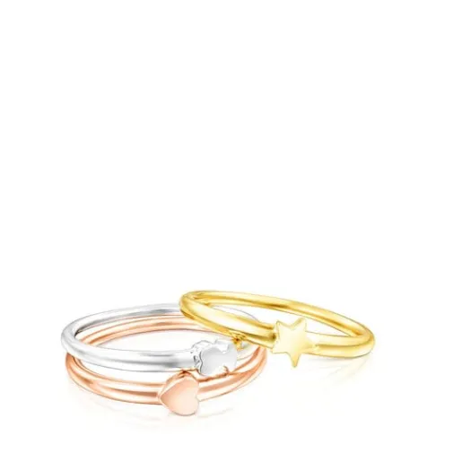 Pack de Anillos motivos de plata, con baño de oro rosa y amarillo 18 kt sobre plata Ring Mix^TOUS Sale