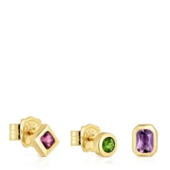Pack de pendientes pequeños con baño de oro 18 kt sobre plata y gemas Basic Colors^TOUS Online