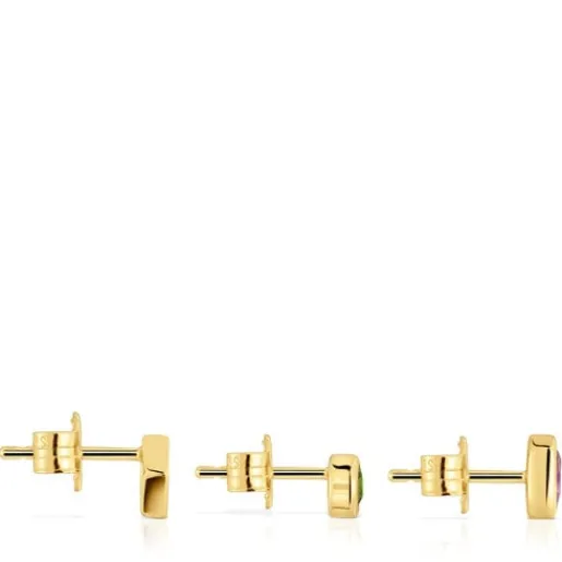 Pack de pendientes pequeños con baño de oro 18 kt sobre plata y gemas Basic Colors^TOUS Online