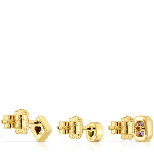 Pack de pendientes pequeños con baño de oro 18 kt sobre plata y gemas Basic Colors^TOUS Online