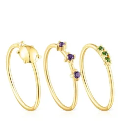Pack de tres anillos con baño de oro 18 kt sobre plata y gemas Virtual Garden^TOUS Online