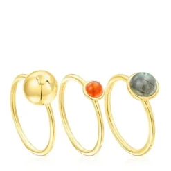 Pack de tres anillos con baño de oro 18 kt sobre plata y gemas Plump^TOUS Best