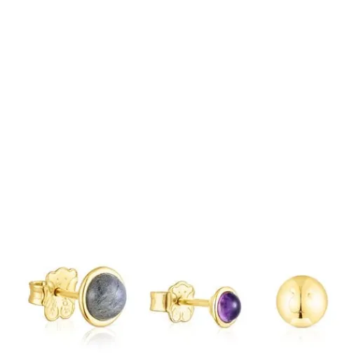 Pack de tres pendientes con baño de oro 18 kt sobre plata y gemas Plump^TOUS