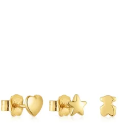 Pack de tres pendientes con baño de oro 18 kt sobre plata motivos Bold Motif^TOUS Hot