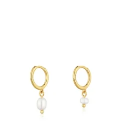 Pendientes aro cortos con baño de oro 18 kt sobre plata y perlas cultivadas Sugar Party^TOUS New