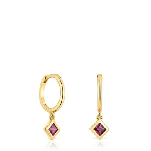 Pendientes aro cortos con baño de oro 18 kt sobre plata y detalle rodolita Basic Colors^TOUS New