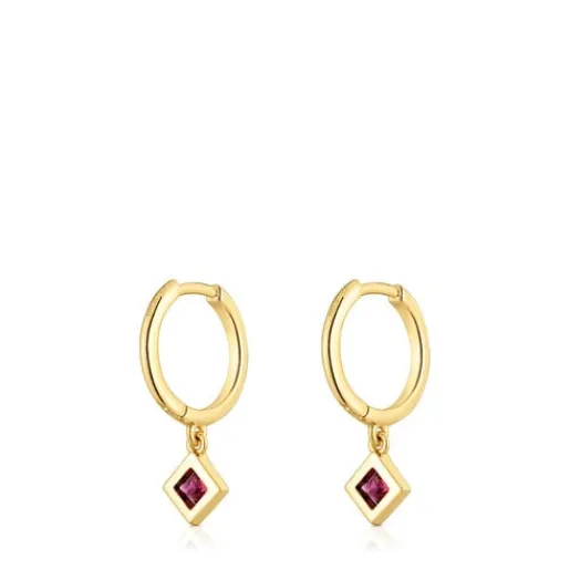 Pendientes aro cortos con baño de oro 18 kt sobre plata y detalle rodolita Basic Colors^TOUS New