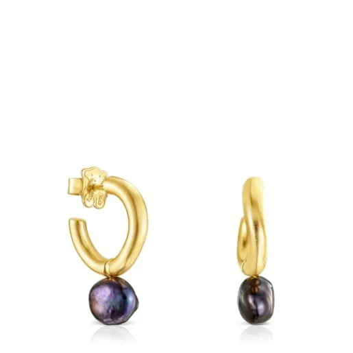 Pendientes aro pequeño con baño de oro 18 kt sobre plata y perla gris Hav^TOUS Sale