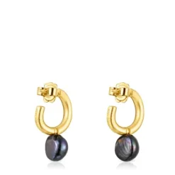 Pendientes aro pequeño con baño de oro 18 kt sobre plata y perla gris Hav^TOUS Sale