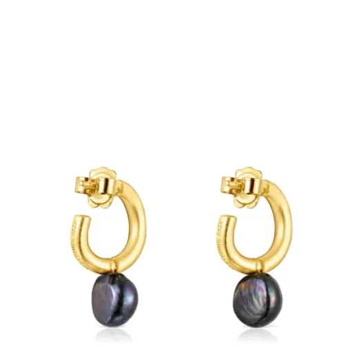 Pendientes aro pequeño con baño de oro 18 kt sobre plata y perla gris Hav^TOUS Sale
