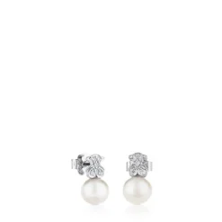 Pendientes botón de oro blanco, perlas cultivadas y diamantes Puppies^TOUS New