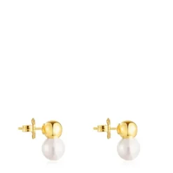 Pendientes con baño de oro 18 kt sobre plata y perla grande Gloss^TOUS Best