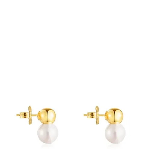Pendientes con baño de oro 18 kt sobre plata y perla grande Gloss^TOUS Best
