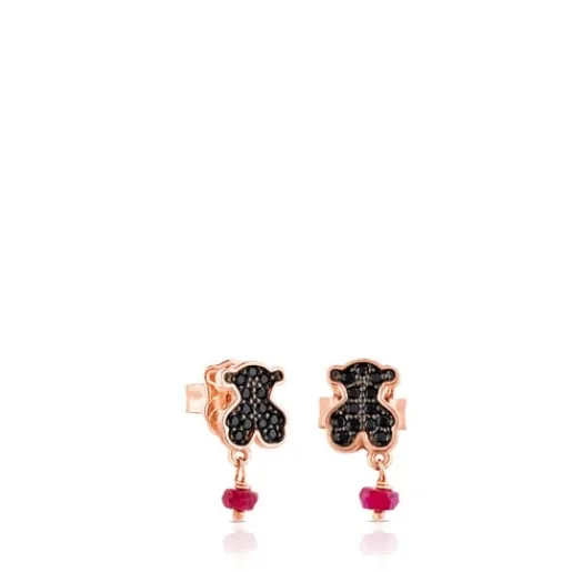 Pendientes con baño de oro rosa 18 kt sobre plata, espinelas y rubí tratado con motivo oso Motif^TOUS Outlet