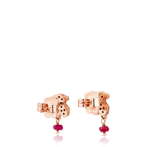 Pendientes con baño de oro rosa 18 kt sobre plata, espinelas y rubí tratado con motivo oso Motif^TOUS Outlet