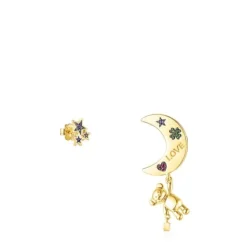 Pendientes corto/largo luna con baño de oro 18 kt sobre plata y gemas Teddy Bear Stars^TOUS Outlet