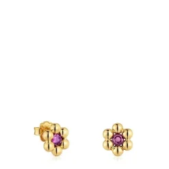 Pendientes cortos flor con baño de oro 18 kt sobre plata y rodolita Sugar Party^TOUS Discount