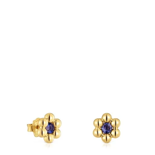 Pendientes cortos flor con baño de oro 18 kt sobre plata y iolita Sugar Party^TOUS