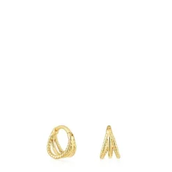 Pendientes de oro triple aro cortos con relieve Basics^TOUS Outlet