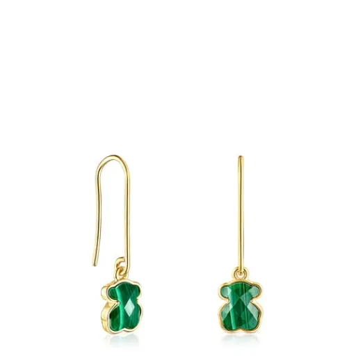 Pendientes largos con baño de oro 18 kt sobre plata y malaquita Icon Color^TOUS Hot