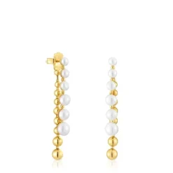 Pendientes largos dobles con baño de oro de 18 kt sobre plata y perlas cultivadas Gloss^TOUS