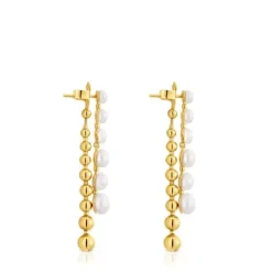 Pendientes largos dobles con baño de oro de 18 kt sobre plata y perlas cultivadas Gloss^TOUS