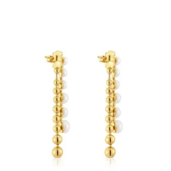 Pendientes largos dobles con baño de oro de 18 kt sobre plata y perlas cultivadas Gloss^TOUS