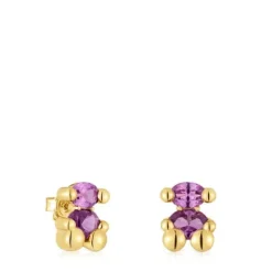 Pendientes motivo oso con baño de oro 18 kt sobre plata y zafiro lila creado en laboratorio 13 mm Color Bear LGG^TOUS Online