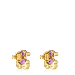 Pendientes motivo oso con baño de oro 18 kt sobre plata y zafiro lila creado en laboratorio 13 mm Color Bear LGG^TOUS Online