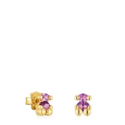 Pendientes motivo oso con baño de oro 18 kt sobre plata y zafiro lila creado en laboratorio 8 mm Color Bear LGG^TOUS Hot