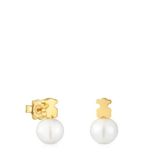 Pendientes oso con baño de oro 18 kt sobre plata y perla cultivada de agua dulce Sweet Dolls^TOUS
