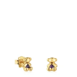 Pendientes oso pequeños con baño de oro 18 kt sobre plata y amatista Bold Bear^TOUS Hot