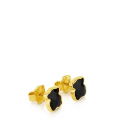 Pendientes pequeños con baño de oro 18 kt sobre plata y ónix facetado Color^TOUS New