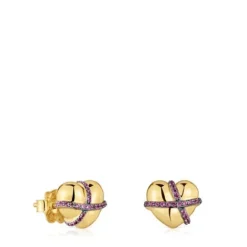 Pendientes pequeños corazón con baño de oro 18 kt sobre plata y rodolita Lligat^TOUS Hot