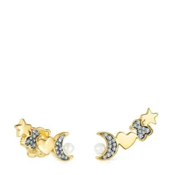 Pendientes trepadores con baño de oro 18 kt sobre plata, diamantes y perla Nocturne^TOUS Discount