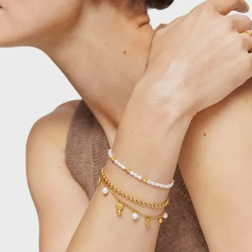 Pulsera cadena con baño de oro de 18 kt sobre plata, perlas cultivadas y motivos Grain^TOUS Sale