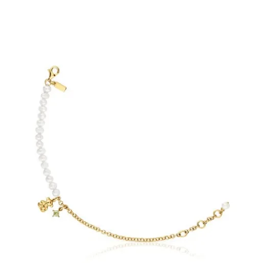 Pulsera cadena oso con baño de oro sobre plata, perlas cultivadas y peridoto Bold Bear^TOUS Best