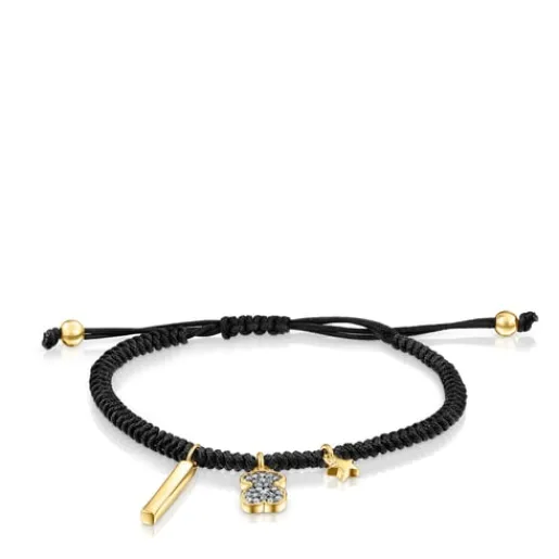 Pulsera con baño de oro 18 kt sobre plata, diamantes y cordón negro Nocturne^TOUS Online