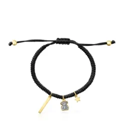 Pulsera con baño de oro 18 kt sobre plata, diamantes y cordón negro Nocturne^TOUS Online
