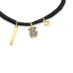 Pulsera con baño de oro 18 kt sobre plata, diamantes y cordón negro Nocturne^TOUS Online