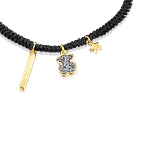 Pulsera con baño de oro 18 kt sobre plata, diamantes y cordón negro Nocturne^TOUS Online