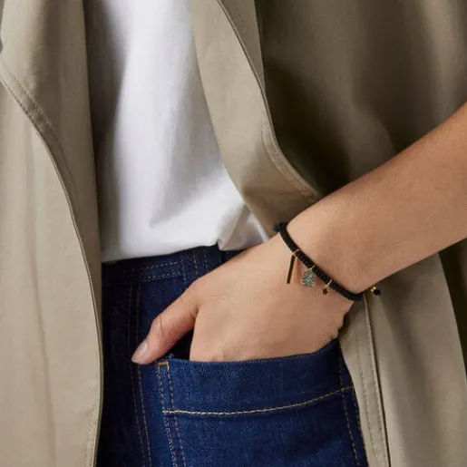 Pulsera con baño de oro 18 kt sobre plata, diamantes y cordón negro Nocturne^TOUS Online