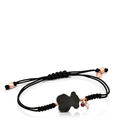 Pulsera con baño de oro rosa 18 kt sobre plata, gemas y cordón en color negro New Tibet^TOUS Best