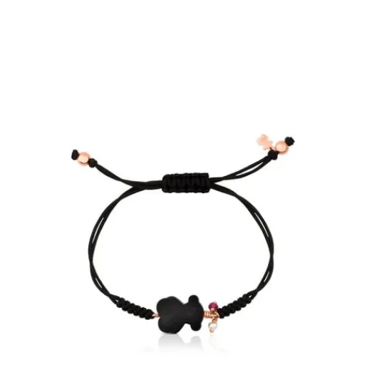 Pulsera con baño de oro rosa 18 kt sobre plata, gemas y cordón en color negro New Tibet^TOUS Best