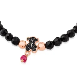 Pulsera con baño de oro rosa 18 kt sobre plata, espinelas y ónix facetado motivo oso Motif^TOUS New