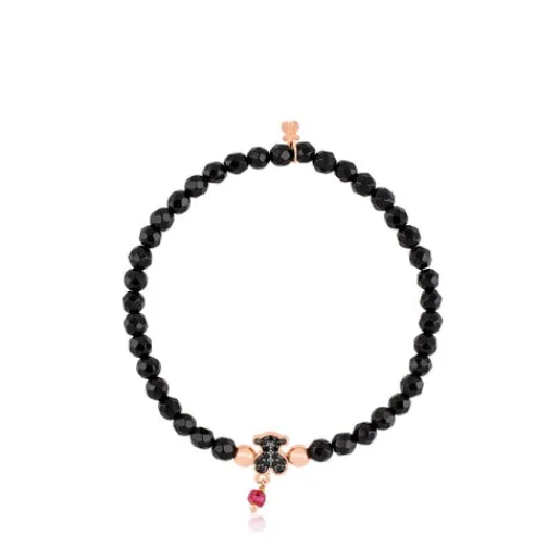 Pulsera con baño de oro rosa 18 kt sobre plata, espinelas y ónix facetado motivo oso Motif^TOUS New