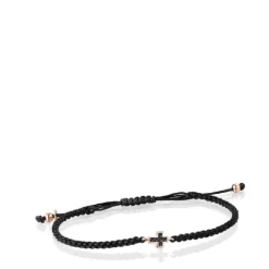 Pulsera cruz con baño de oro rosa 18 kt sobre plata, espinelas y cordón negro Motif^TOUS Discount